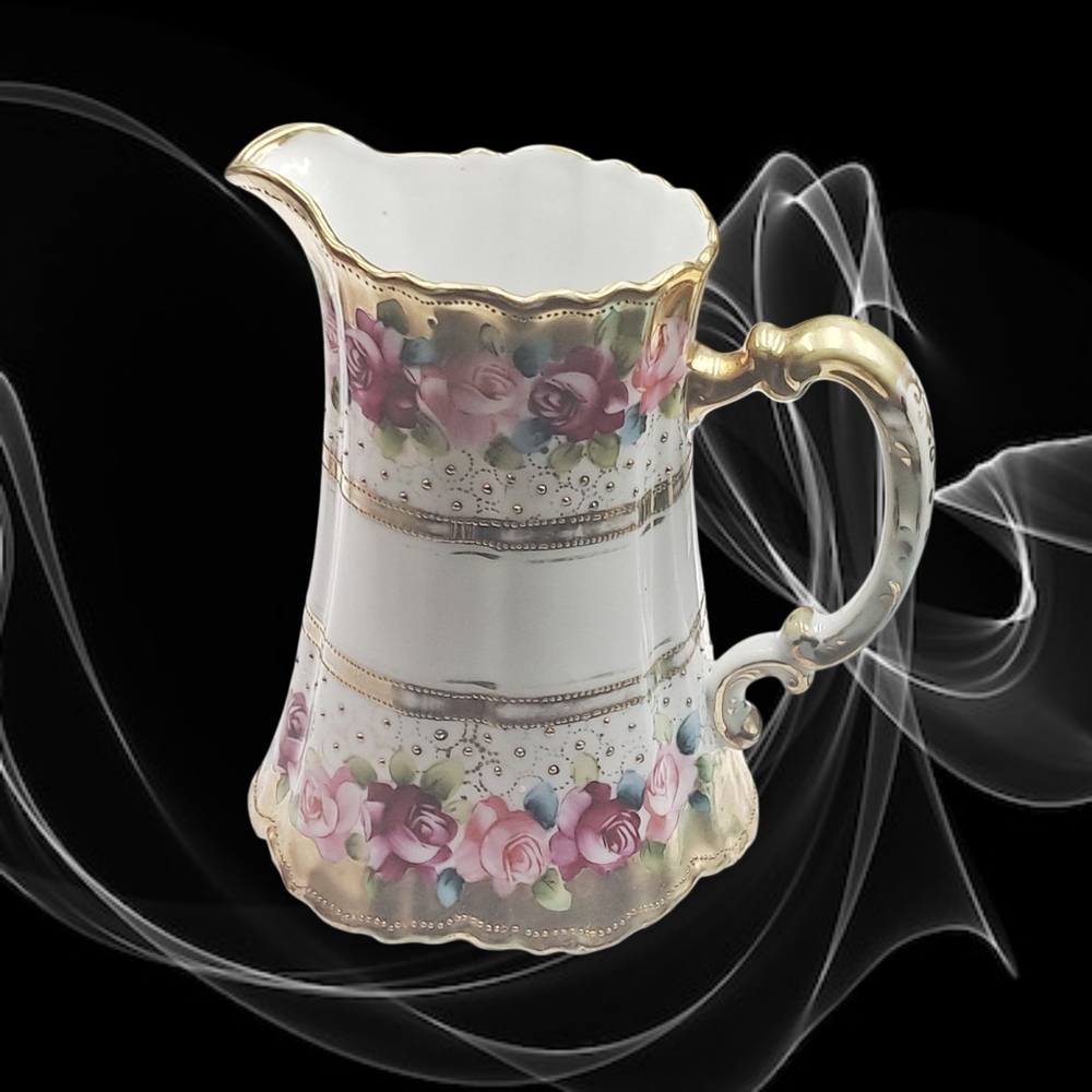 Large Handpainted Nippon Pitcher with Gold and Pink Roses